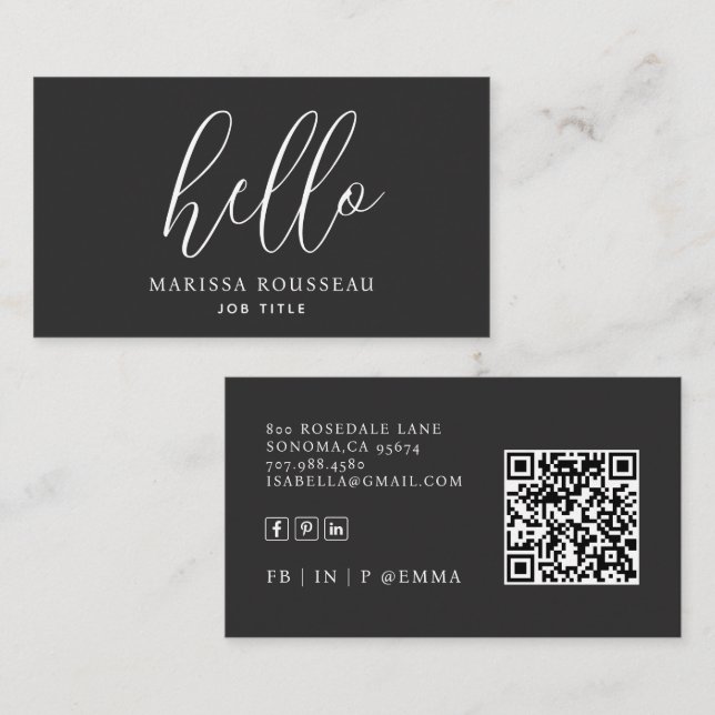 Modern Minimalist Hello QR Code Black Business Card (Front/Back)