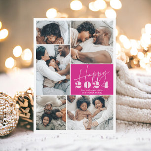 Modern minimalist hot pink 6 photos Happy 2024 Holiday Card
