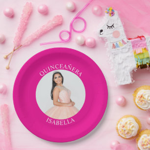 Modern Minimalist Hot Pink Quinceañera Photo Paper Plate