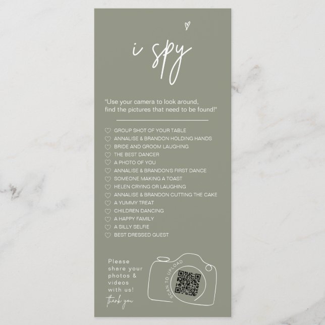 Modern Minimalist I spy wedding game Share photos  Menu (Front)