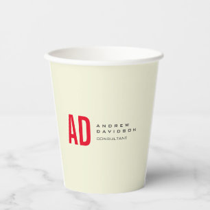 Modern Minimalist Initials Red Monogram Beige Paper Cups