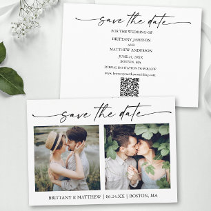 Modern Minimalist Ink Script 2 Photos QR Code Save The Date