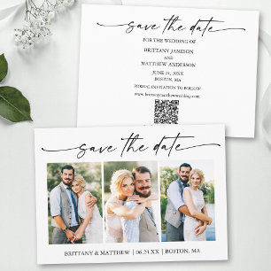 Modern Minimalist Ink Script 3 Photos QR Code Save The Date