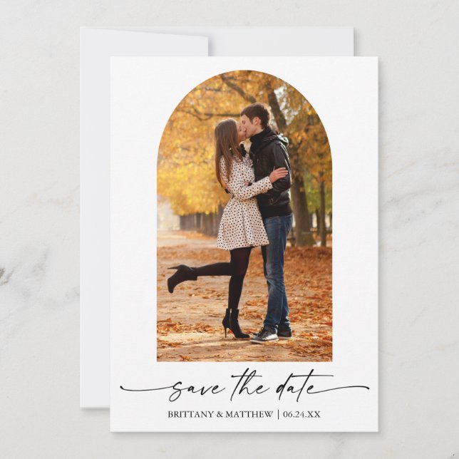 Modern Minimalist Ink Script Photo Arch Save The Date (Front)