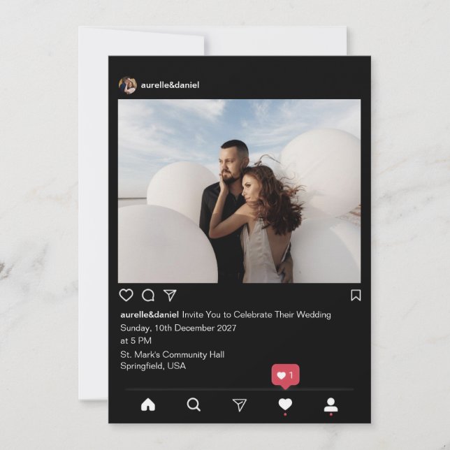 Modern Minimalist Instagram Black Wedding Invitation (Front)