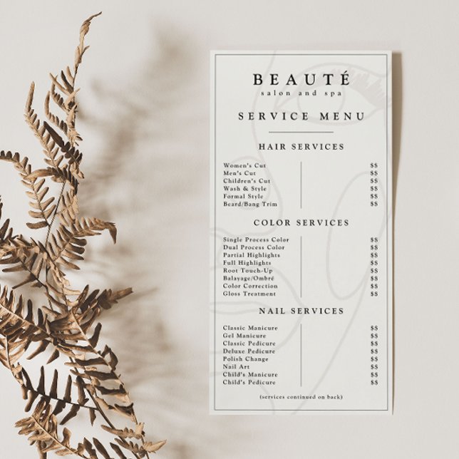 Modern Minimalist Ivory/Black Salon/Spa Menu (Creator Uploaded)