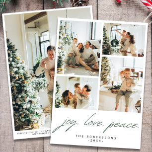 Modern Minimalist Joy Love Peace 5 Photo Green Holiday Card