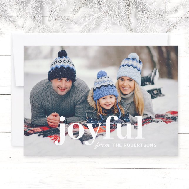 Modern Minimalist Joyful 1 Photo Christmas Card (Simple, modern Holiday family  photo Christmas card with the text "joyful" and family name.)