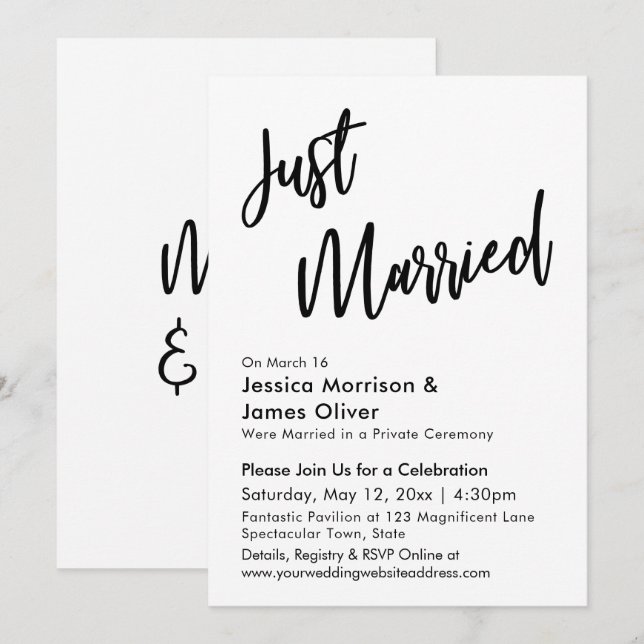 Modern Minimalist Just Married Black and White Invitation (Front/Back)