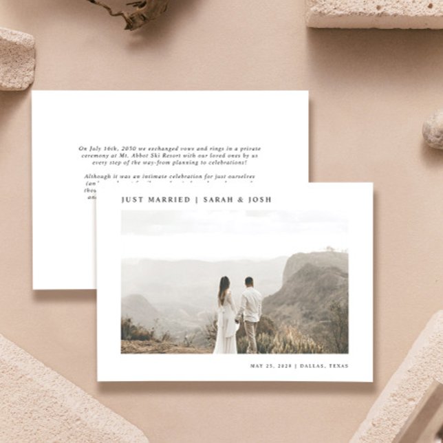 Modern Minimalist Just Married Photo Wedding Announcement (Easily personalize this wedding announcement with your photo, details and personalized message)