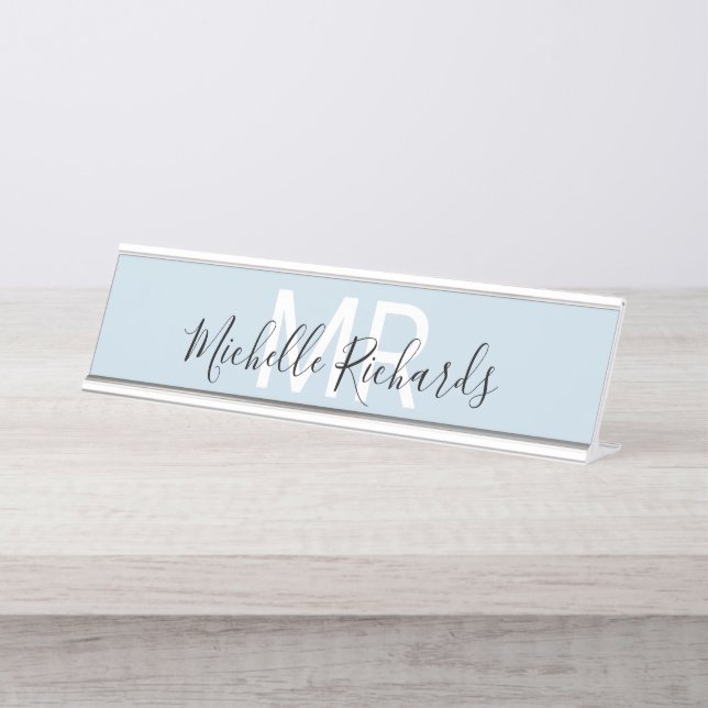 Modern minimalist light blue name monogram desk name plate (Front)
