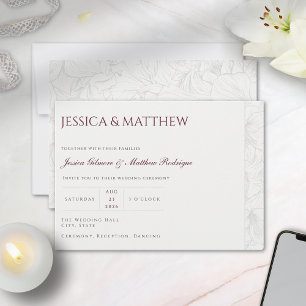 Modern Minimalist Line Art Floral Burgundy Wedding Invitation