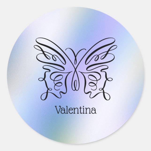 Modern Minimalist Line Drawing Butterfly Monogram Classic Round Sticker (Front)
