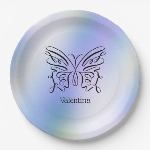 Modern Minimalist Line Drawing Butterfly Monogram  Paper Plate