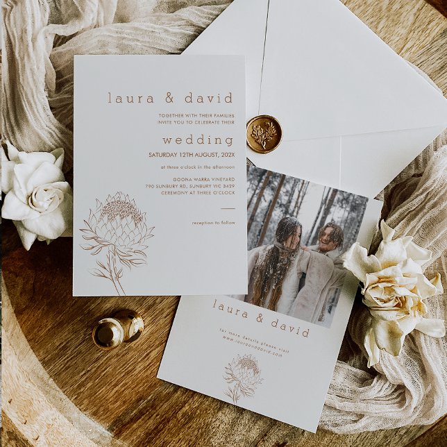 Modern Minimalist Line Drawn Protea Wedding Invitation (Minimalist Line Art Floral Wedding Invitation, Off White and Brown Floral Art Wedding Invitation)