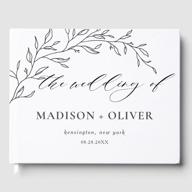 Modern Minimalist Line Laurel Botanical Wedding  Guest Book (Front)