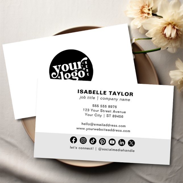 Modern Minimalist Logo Custom Social Media Icons  Business Card (Modern Minimalist Logo Custom Social Media Icons Business Card -Front and Back)