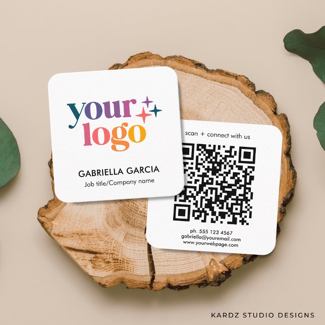 Modern Minimalist Logo QR Code Basic Square Business Card (Front and back of card shown in a square (2.5 inches) with round corners. Choose corner and paper.)