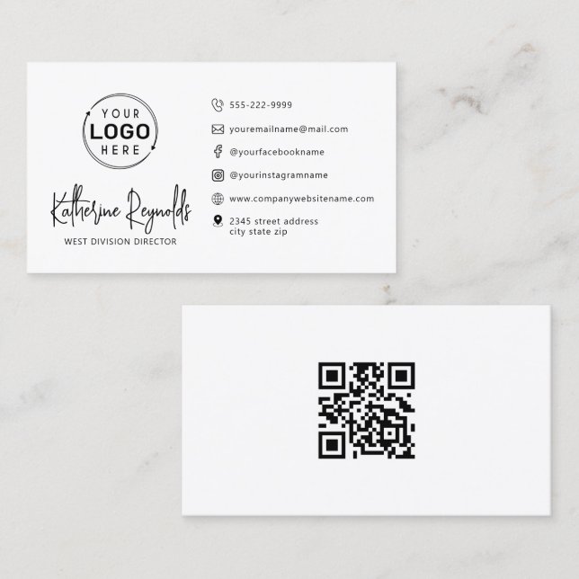 Modern Minimalist Logo Script Icons QR Code Business Card (Front/Back)