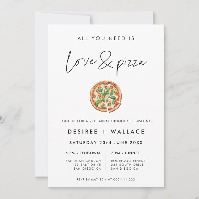 Modern Minimalist Love and Pizza Wedding Rehearsal Invitation (Front)