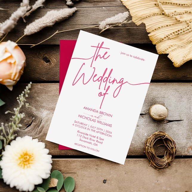 Modern Minimalist Magenta Red and White Wedding Invitation (Creator Uploaded)