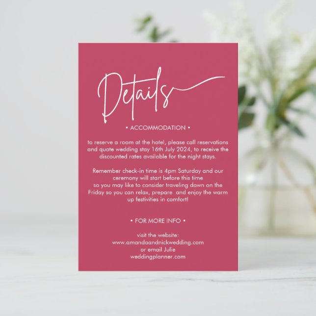 Modern Minimalist Magenta Red Wedding Details  Enclosure Card (Standing Front)