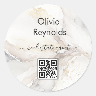 Modern Minimalist Marble Texture Neutral QR Code Classic Round Sticker