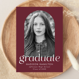 Modern Minimalist Maroon Arch Photo Graduation Announcement