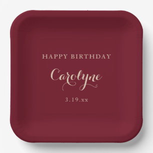 Modern Minimalist Maroon Birthday Paper Plate