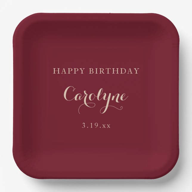 Modern Minimalist Maroon Birthday  Paper Plate (Front)