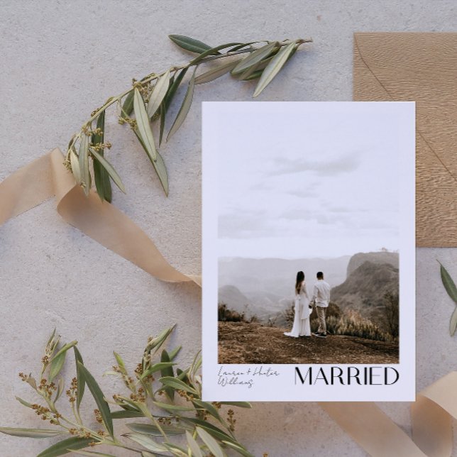 Modern Minimalist Married 2 Photo Script Wedding Announcement (Wedded Bliss! Join Our Post-Wedding Bash 🥂🎉 [Customize Here])