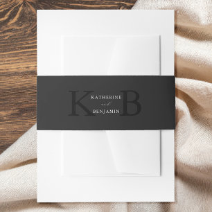 Modern Minimalist Matte Black Monogram Wedding Invitation Belly Band