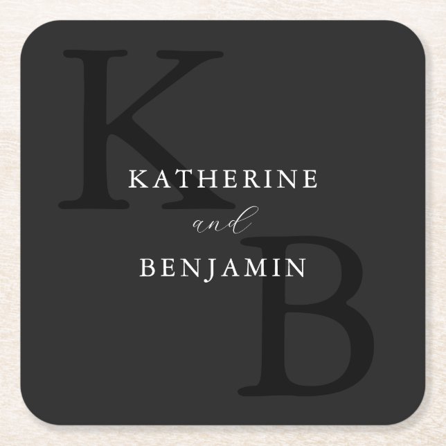Modern Minimalist Matte Black Monogram Wedding Square Paper Coaster (Front)