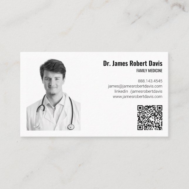 Modern Minimalist Medical Doctor Photo QR Code👨‍⚕ Business Card (Front)