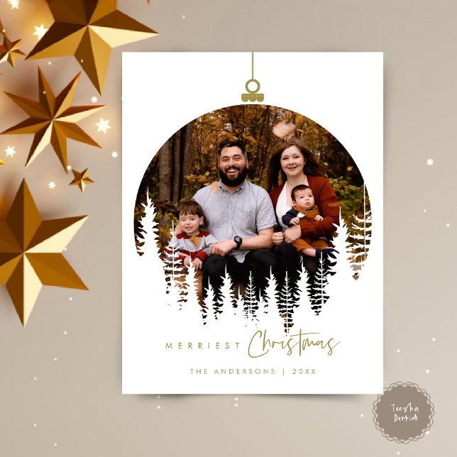 Modern Minimalist, Merriest Christmas Family Photo Postcard (Merriest Christmas Family Photo, Season Greeting Wishes Ball Layover Postcard, in retro gold themed)