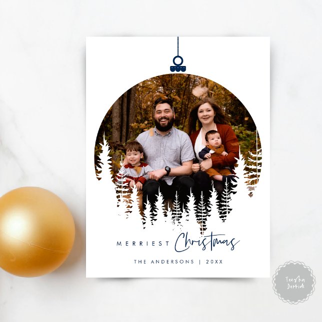 Modern Minimalist, Merriest Christmas Family Photo Postcard (Merriest Christmas Family Photo, Season Greeting Wishes Ball Layover Postcard, in Navy Blue)