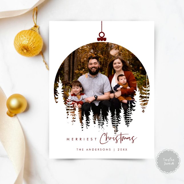 Modern Minimalist, Merriest Christmas Family Photo Postcard (Merriest Christmas Family Photo, Season Greeting Wishes Ball Layover Postcard, in Burgundy red theme)