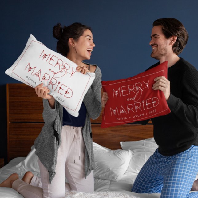 Modern Minimalist Merry and Married Newlywed Lumbar Cushion (Creator Uploaded)