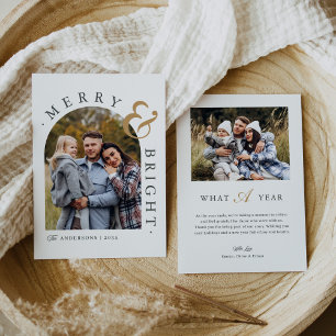 Modern Minimalist Merry & Bright Arch Photo Holiday Card