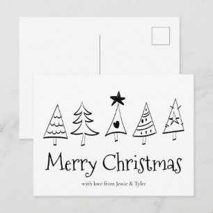 Modern Minimalist Merry Christmas Black & White Holiday Postcard