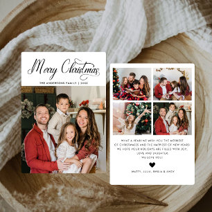 Modern Minimalist Merry Christmas Family 5 Photos Holiday Card