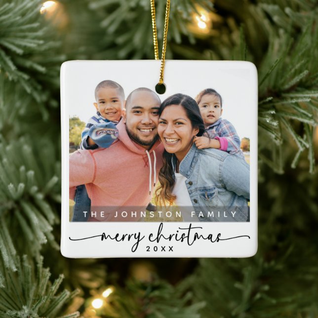 Modern Minimalist Merry Christmas Family Photo Ceramic Ornament (Tree)