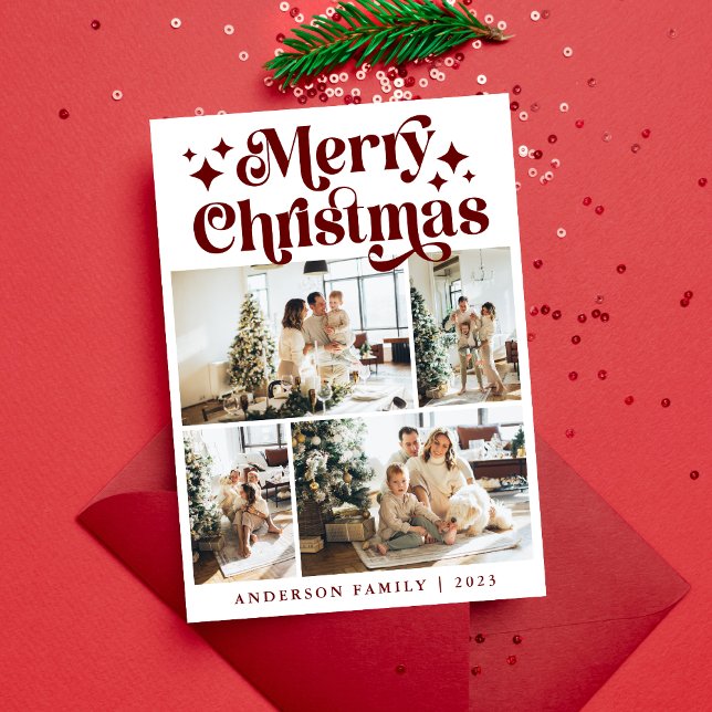 Modern Minimalist Merry Christmas Four Photo Retro Holiday Card (Creator Uploaded)