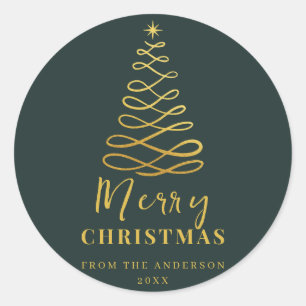 Modern Minimalist Merry Christmas Gold Green Classic Round Sticker
