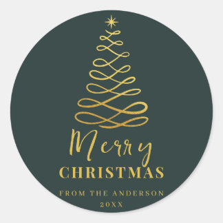 Modern Minimalist Merry Christmas Gold Green Classic Round Sticker