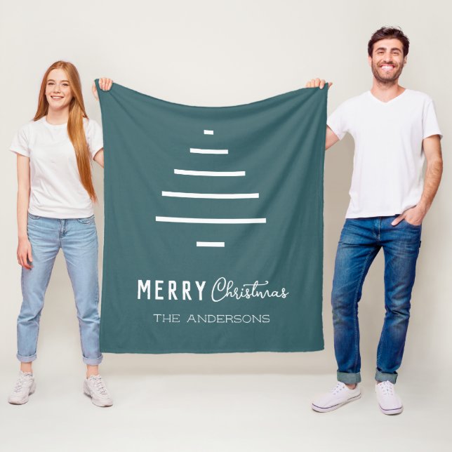 Modern Minimalist Merry Christmas Green Pine Tree  Fleece Blanket (In Situ)