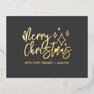 Modern Minimalist Merry Christmas Grey Real Gold Foil Holiday Postcard