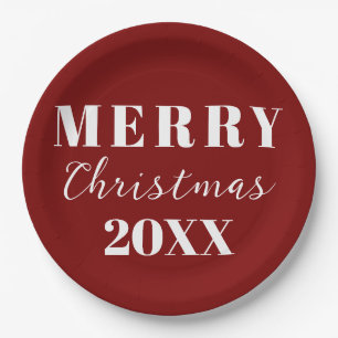 Modern Minimalist Merry Christmas Red Holiday Paper Plate