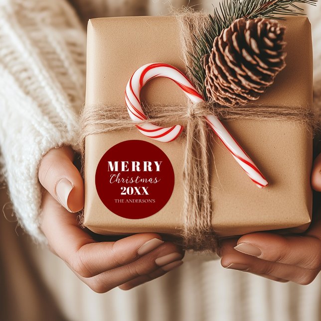 Modern Minimalist Merry Christmas Red Packaging Classic Round Sticker (Creator Uploaded)