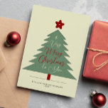 Modern minimalist Merry Christmas script simple Holiday Card<br><div class="desc">Retro style red dark burgundy and hunter green tree and star shapes and handwritten "a Very Merry Christmas to you" script non-photo simple minimal design trendy holiday card. Easy to personalise with your family name and year.</div>